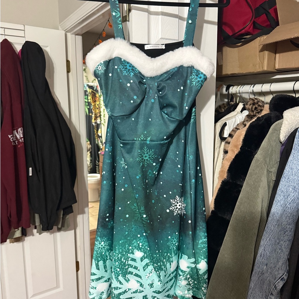 Dressfo Teal Dress with White Fur Trim
